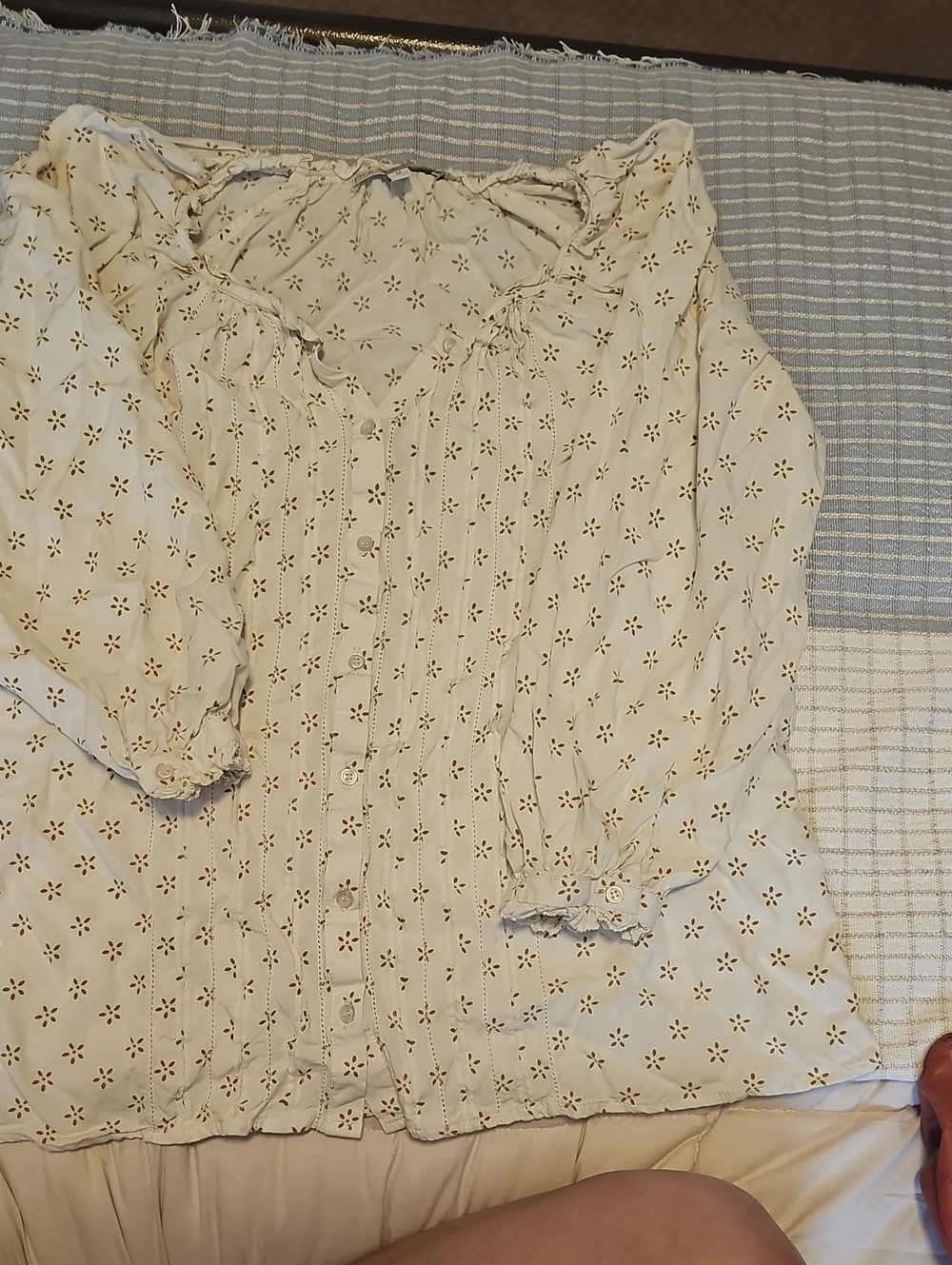 Cream Eyelet Ruffle-Trim Button Front Blouse